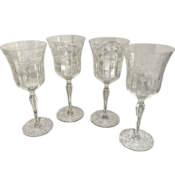 Vintage Mid Century Etched Clear Crystal Wine Glasses Water Goblets Set of 4 - Picture 1 of 12